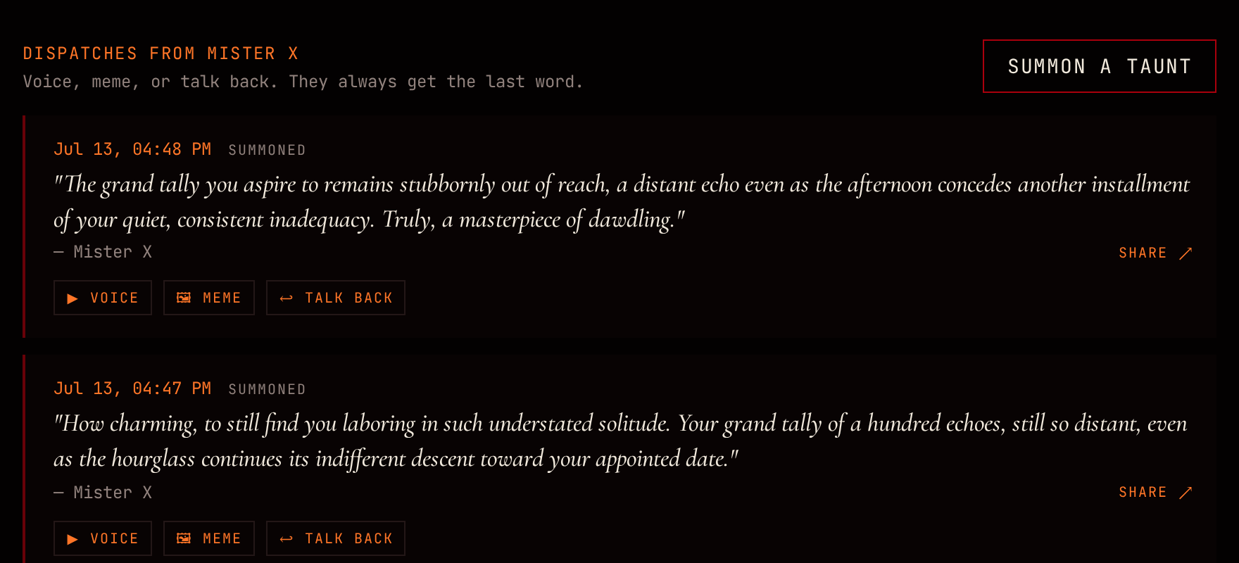 Dispatches feed with two recent taunts in English, each with Voice, Meme, and Talk Back action buttons.