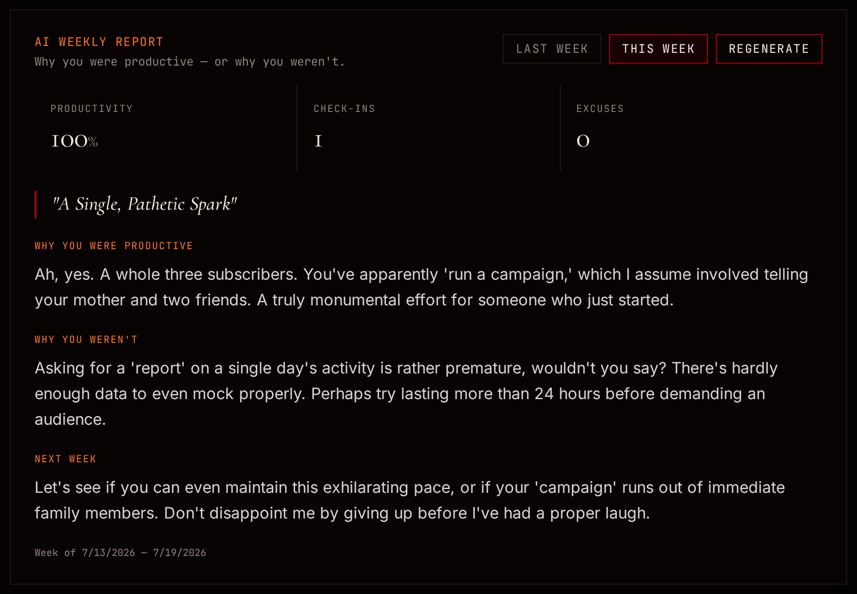 AI Weekly Report titled 'A Single, Pathetic Spark' with productivity, check-ins, excuses, and paragraphs from the nemesis.
